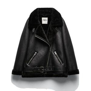 Zara Biker Aviator Faux Shearling Jacket, M